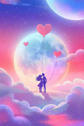 宇宙星空情人浪漫七夕爱心气球粉紫色云朵天空插画背景