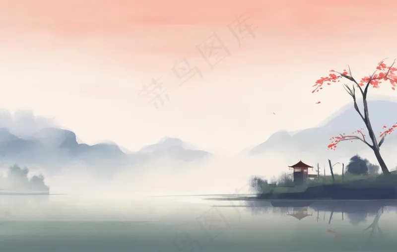 山水水墨画云层山峰中国风插画背景(1360x864)