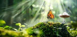 阳光斑驳下的蝴蝶苔藓蘑菇春天森林春分惊蛰摄影图