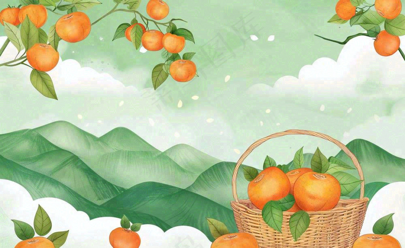 秋天丰收季果树成熟果篮橘子黄杏处暑立秋秋分卡通插画背景(1408x864)