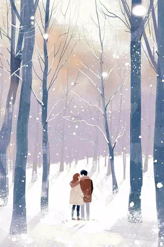 冬天森林里的情侣相拥赏雪白桦树白雪立冬小雪冬至卡通插画背景