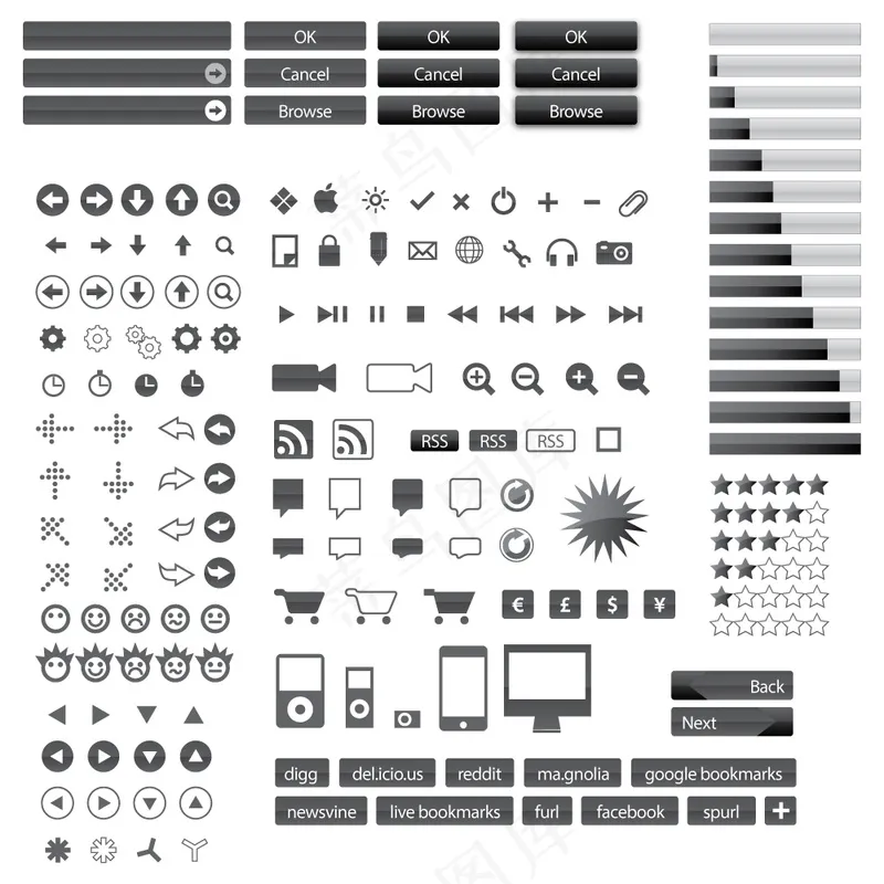 灰色按钮和图标装饰元素矢量免扣AI素材ai矢量模版下载
