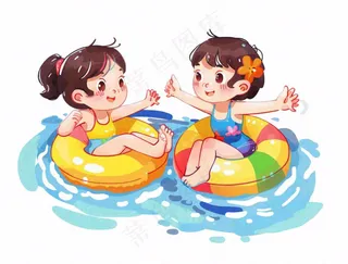 游泳游泳圈儿童水上乐园卡通插画免抠