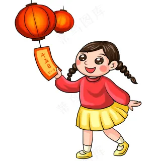 元宵节女孩猜灯谜插画素材