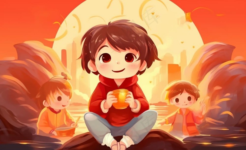 新年张灯结彩孩子们玩乐喜庆红色氛围庆祝卡通插画背景(1408x864)