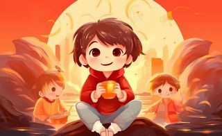 新年张灯结彩孩子们玩乐喜庆红色氛围庆祝卡通插画背景