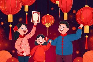 新年春节一家人出游红灯笼红包除夕元宵红色卡通插画背景