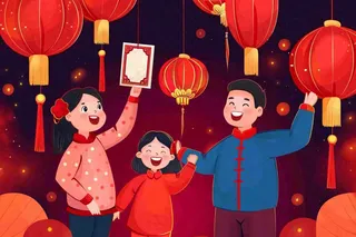 新年春节一家人出游红灯笼红包除夕元宵红色卡通插画背景