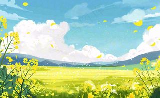 春天油菜花田蓝天白云惊蛰春分卡通插画背景