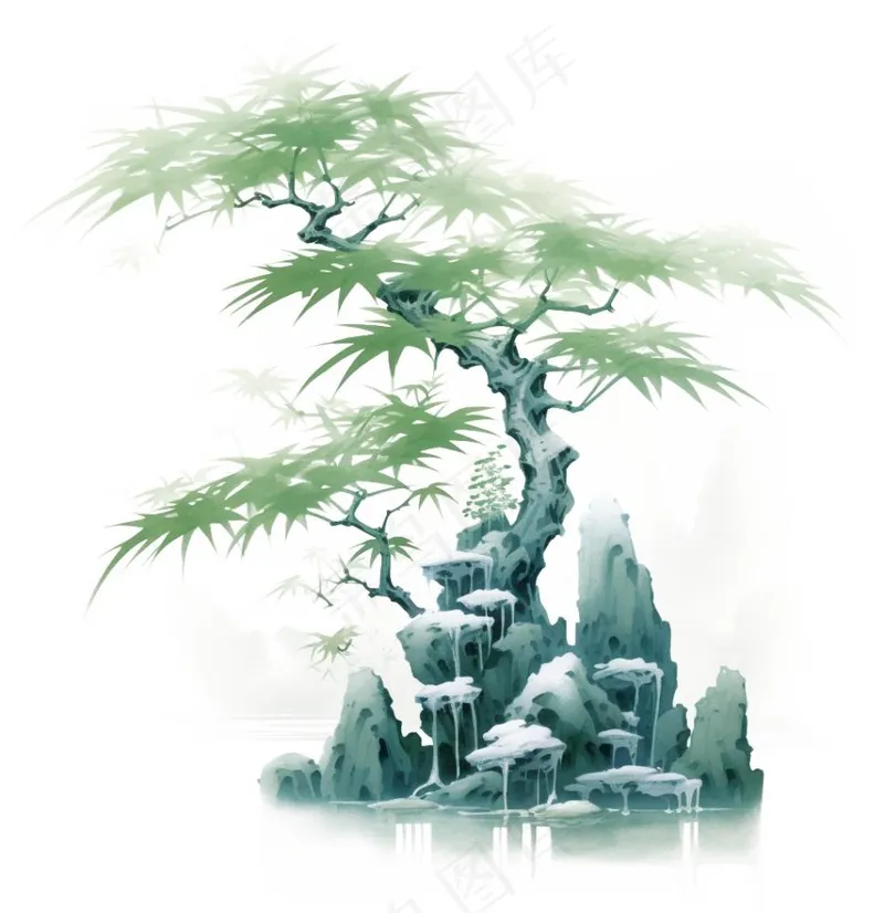 水墨松树枫树山石植物手绘中国风古风国画水彩插画免抠(1024x1056)