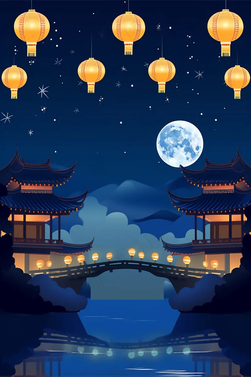 节日灯笼祈福夜晚天水一色蓝色卡通插画插图背景(2688x4032)