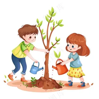 植树节学生们植树浇水爱护环境卡通插画免抠