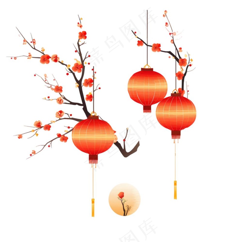 新年梅花枝条挂红灯笼喜庆红色卡通插画免抠(1024x1024)