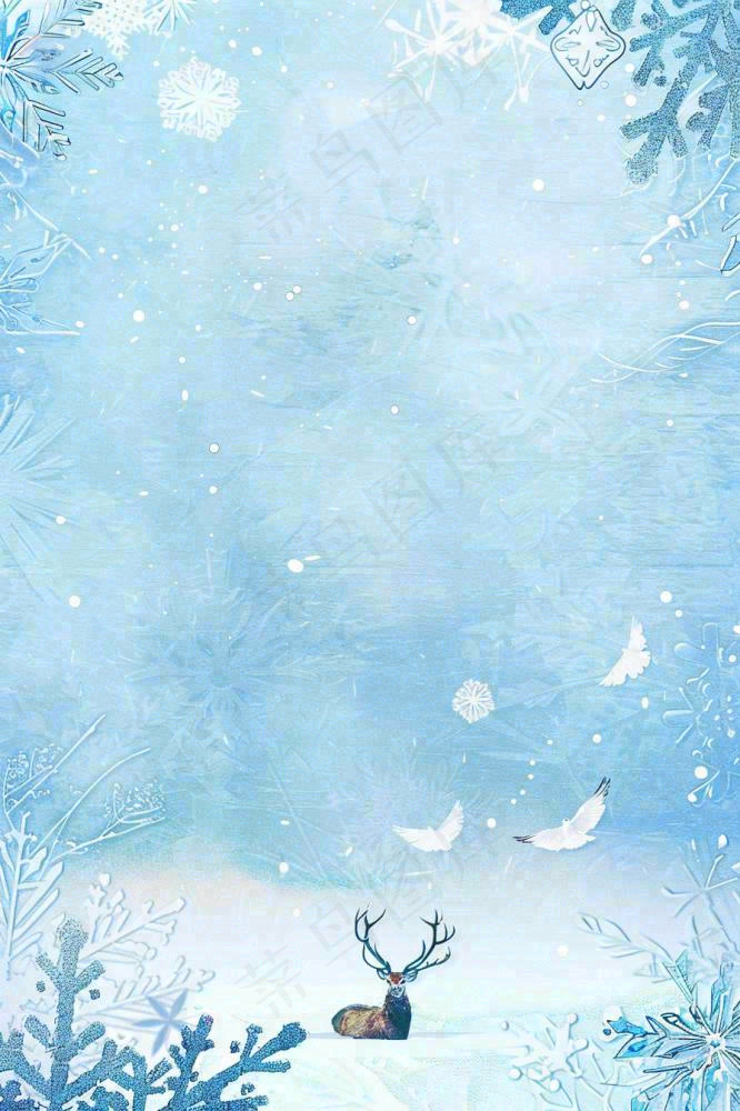 冬天白雪雪花世界麋鹿寒冷立冬冬至大雪小雪圣诞插画背景(896x1344)