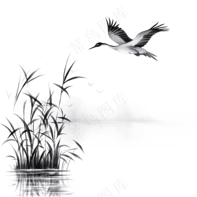 仙鹤白鹤飞过水草芦苇水墨画插画免抠(1024x1024)
