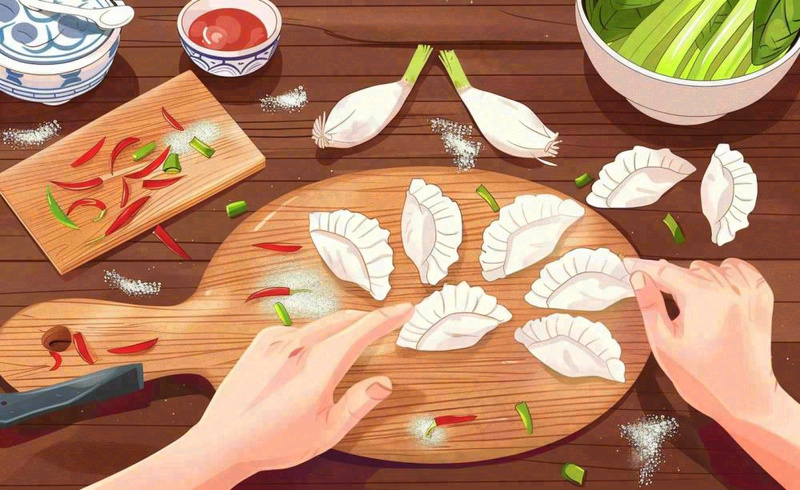 冬至包饺子场景卡通手绘插画背景(1408x864)
