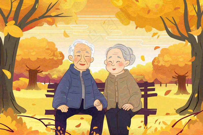 秋天公园长椅坐着的老年夫妻老人互相陪伴黄树落叶重阳佳节卡通插画背景