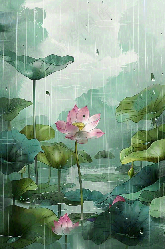 夏天雨季池塘荷花荷叶凄冷大暑处暑插画背景(896x1344)