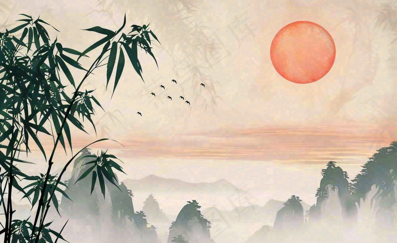 中国风古风水墨画山竹落日余晖淡雅清明端午插画背景(1408x864)