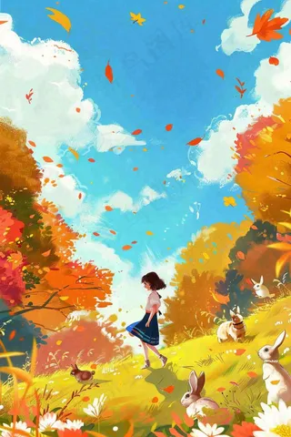 秋天秋意浓森林公园女孩白兔金黄树木草丛蓝天白云立秋秋分卡通插画背景