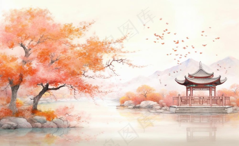 秋季枫叶晚亭山水湖面倒影美景中国风水墨画插画背景(1408x864)