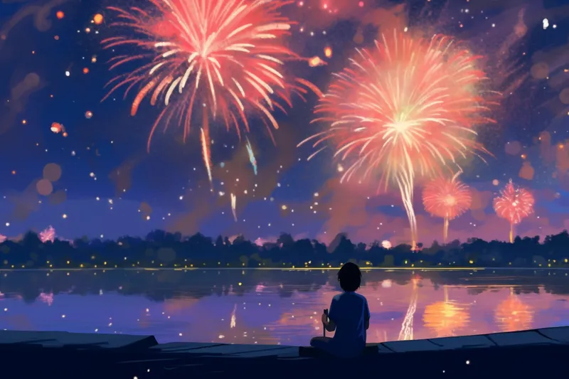 烟花五彩的烟花庆典新年节日暮色的天空卡通插画背景(4032x2688)
