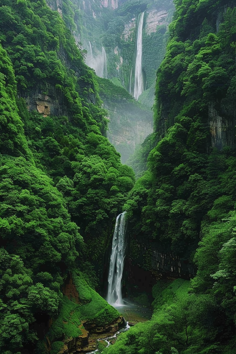 森林山谷的瀑布摄影图(2688x4032)