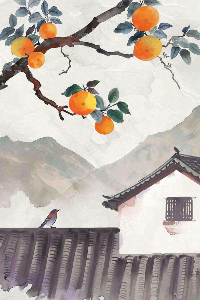 秋天婺源村庄柿子树老式建筑屋檐中国风国画水彩立秋秋分处暑背景(896x1344)