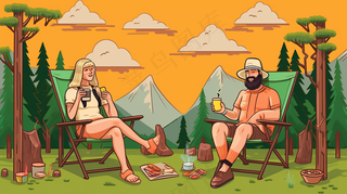 户外露营野外探险活动卡通插画背景