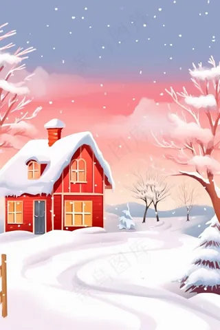 可爱雪景雪人木屋插画背景