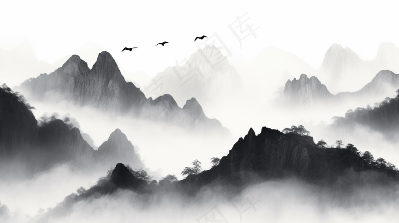 水墨山水画绵绵群山一帆孤影北雁南飞素材背景