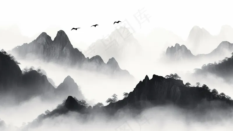 水墨山水画绵绵群山一帆孤影北雁南飞素材背景(4368x2448)