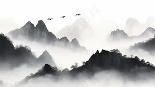 水墨山水画绵绵群山一帆孤影北雁南飞素材背景