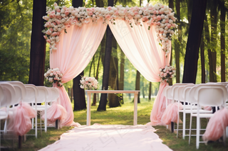 粉色婚礼布置现场户外婚礼森林摄影图