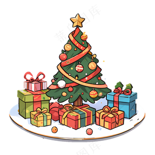 圣诞树圣诞礼物儿童插画风格素材-免抠透明底