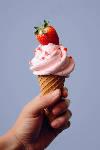 草莓甜筒冰淇淋手握冰淇淋摄影图 