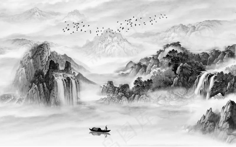 水墨画山水画素材psd模版下载