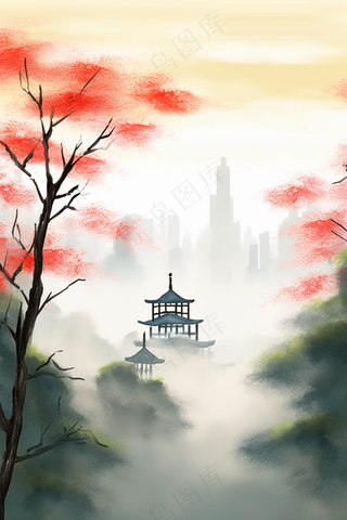 山峰凉亭红花树枝国画水墨画素材背景
