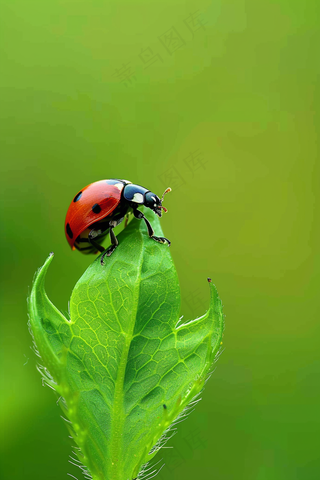 瓢虫春天绿叶上的七星瓢虫昆虫摄影图