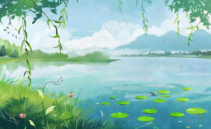 春夏风景湖泊荷花柳树立夏小暑夏至插画背景(1408x864)