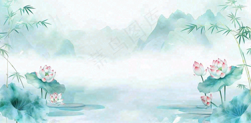 绿色荷花荷叶山水船立夏天夏至中式手绘风景中国风国画大暑小暑插画背景(1568x768)