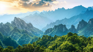 清晨日出朝霞云层山川摄影图