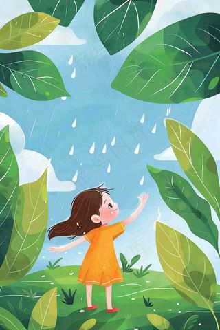 下雨天巨大绿植下的女孩躲雨玩耍雨水谷雨春天卡通插画背景