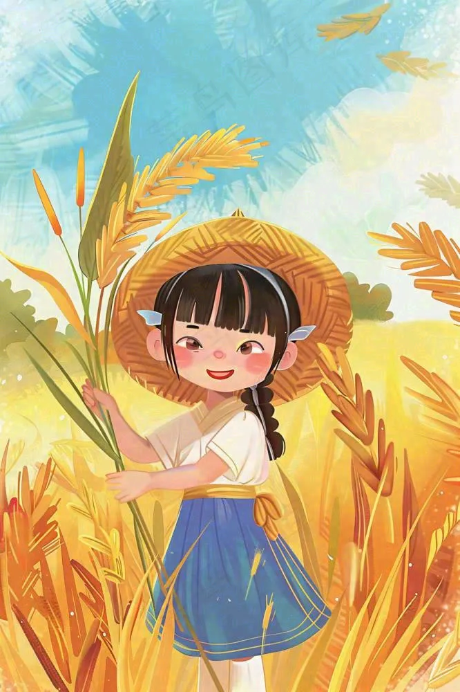 秋收麦田里抱着麦穗的女孩农民芒种立秋秋分卡通插画背景(896x1344)