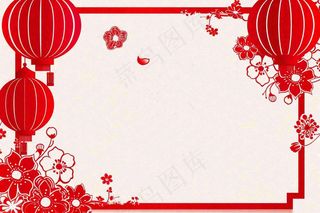 红色剪贴纸边框红灯笼红花梅花喜庆节日新年春节小年除夕插画背景