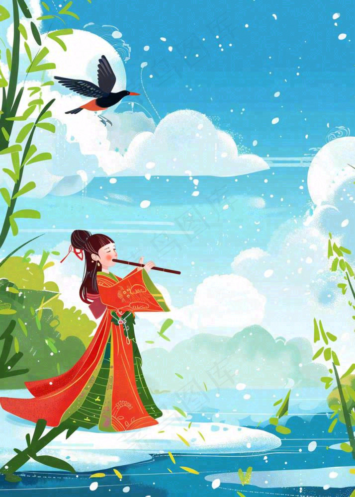 春夏古风女孩游湖吹笛小鸟绿叶大树惊蛰春分立夏清明卡通插画背景(915x1280)