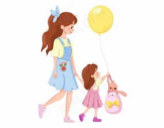 妈妈牵着小孩儿童乐园气球游玩卡通插画免抠