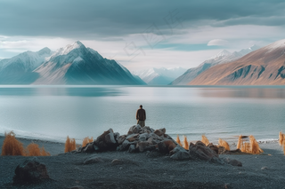 雪山下的湖泊大自然风光摄影图