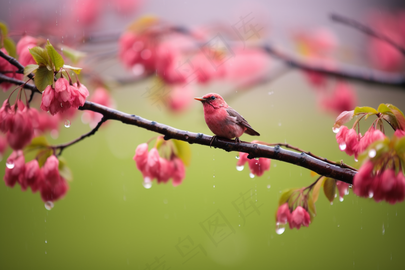 春天谷雨树枝上的小鸟粉色花朵枝条摄影图