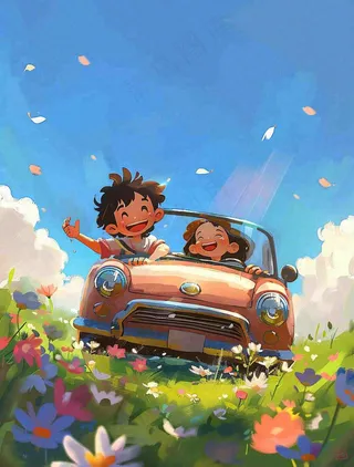 春夏开车环游踏青草丛花丛蓝天白云惊蛰立夏春分小暑卡通插画背景